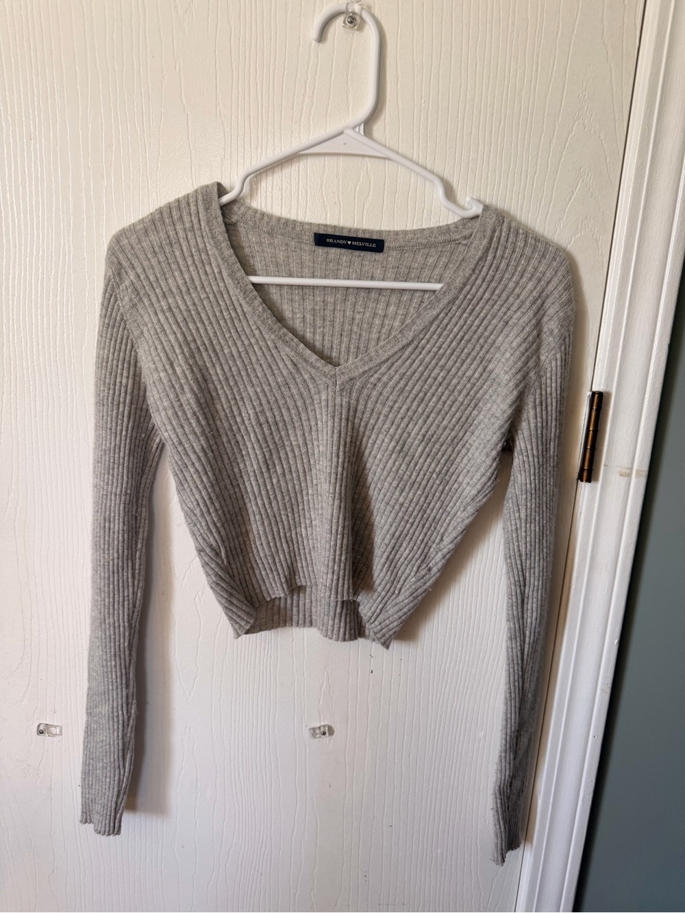 Gray Ribbed V-Neck Cropped Sweater